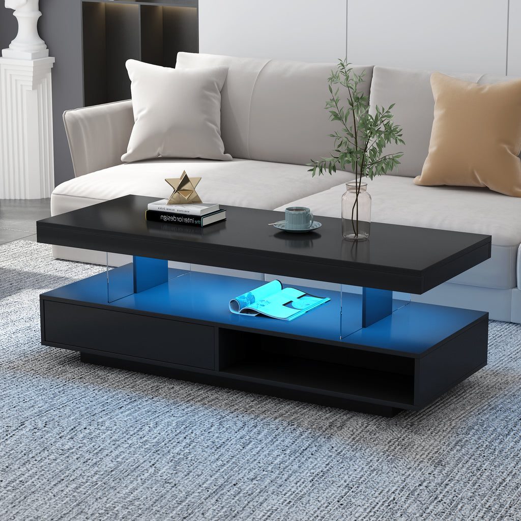 Modern coffee table with LED                                                           ,2 drawers and display, equipped with LED lights,