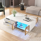 Modern White Coffee Table                  with 2 Glass Door Storage, 4 Drawers, Gold Metal Legs, and Multi-Color Lighting in 47.2'