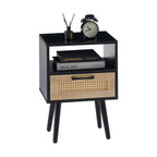 Rattan End table with drawer and solid wood legs Modern nightstand side table for living room black