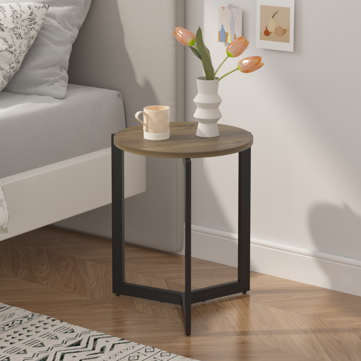 Round Side Table, Round Accent End Table with Sturdy Metal Frame, Round Nightstand, for Living Room, Brown
