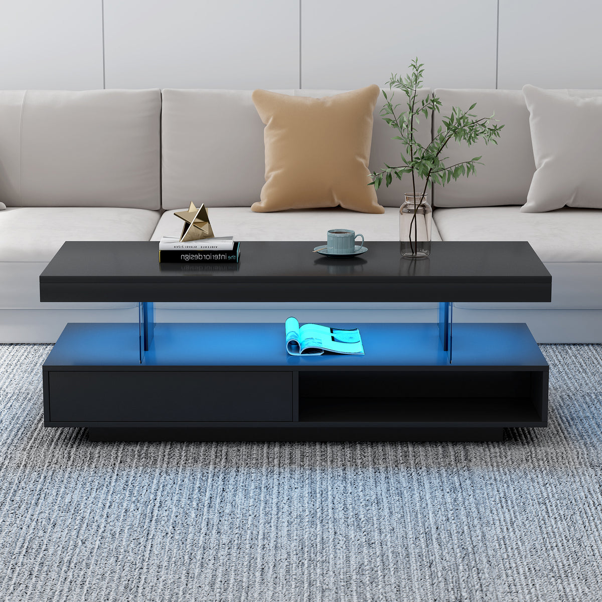 Modern coffee table with LED                                                           ,2 drawers and display, equipped with LED lights,