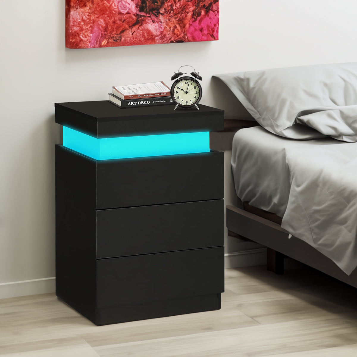 Table de chevet LED noire moderne avec LED multicolores pour chambre à coucher, salon