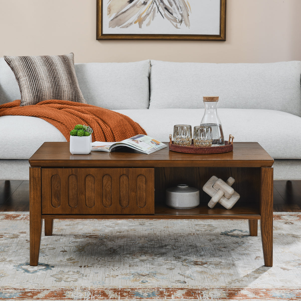 Coffee table vintage farmhouse wood                                         and modern medieval flute with sliding storage door and solid wooden legs