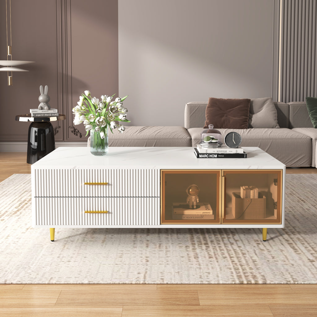 Modern White Coffee Table                  with 2 Glass Door Storage, 4 Drawers, Gold Metal Legs, and Multi-Color Lighting in 47.2'