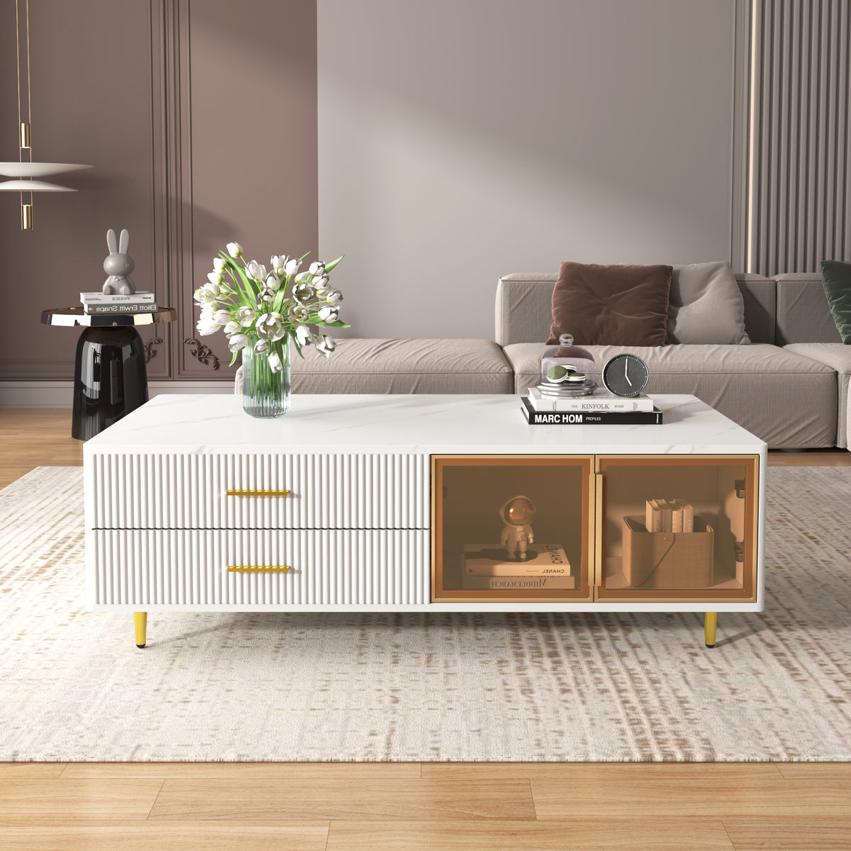 Modern White Coffee Table                  with 2 Glass Door Storage, 4 Drawers, Gold Metal Legs, and Multi-Color Lighting in 47.2'