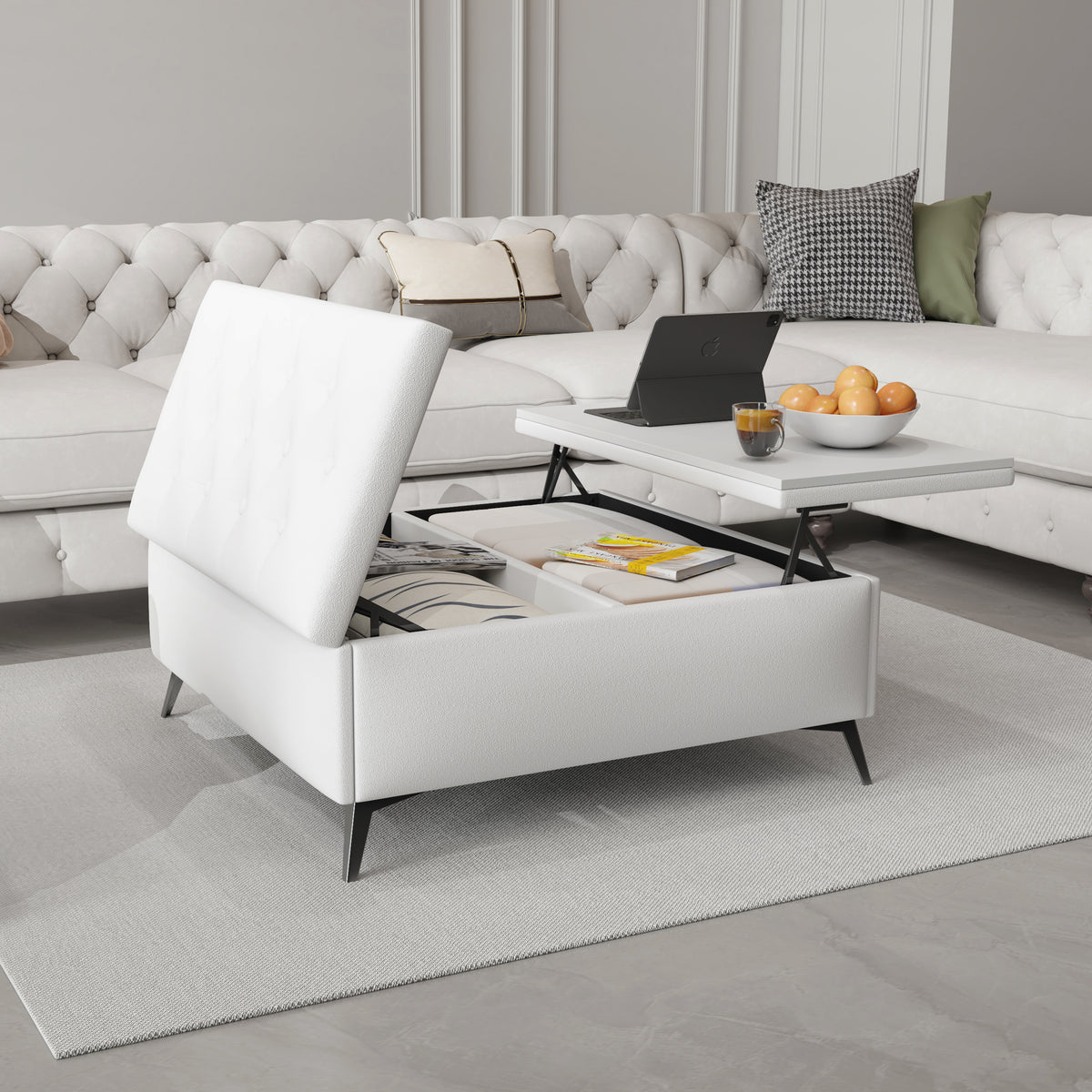 Coffee table with lifting top       , oversized padded storage ottoman for the living room