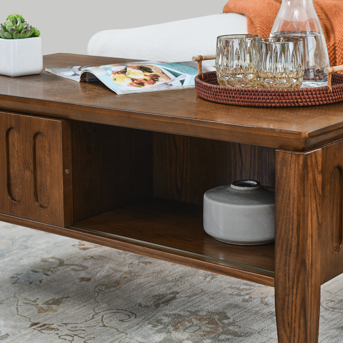 Coffee table vintage farmhouse wood                                         and modern medieval flute with sliding storage door and solid wooden legs