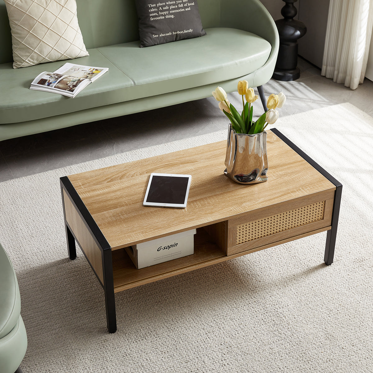 Modern rattan coffee table                                                                          , sliding door for storage, metal legs,