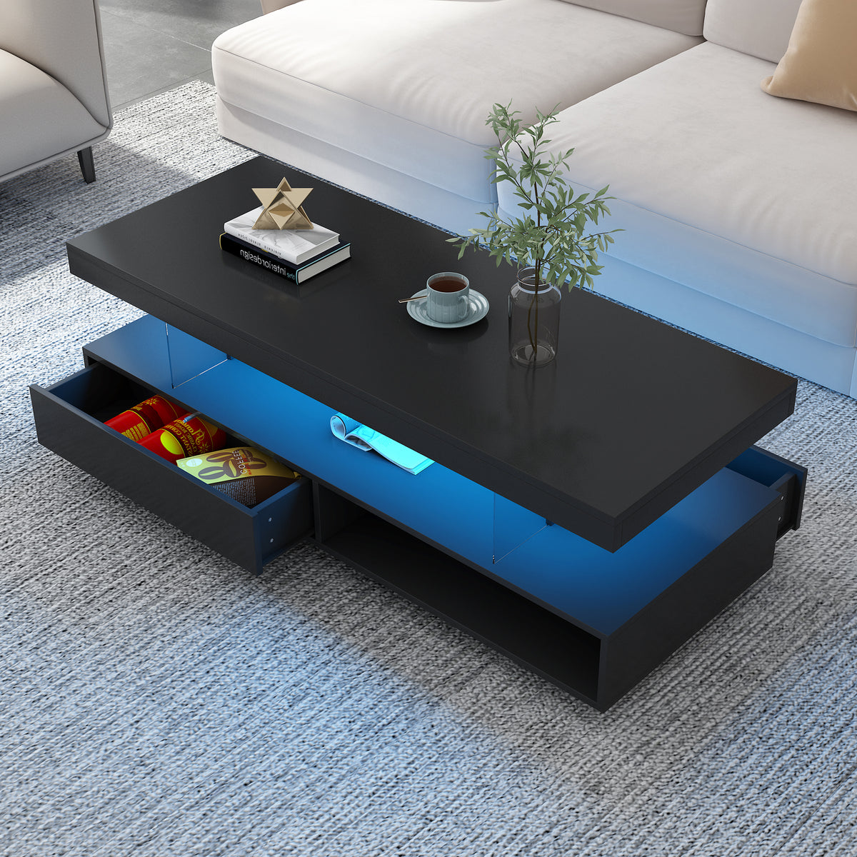 Modern coffee table with LED                                                           ,2 drawers and display, equipped with LED lights,