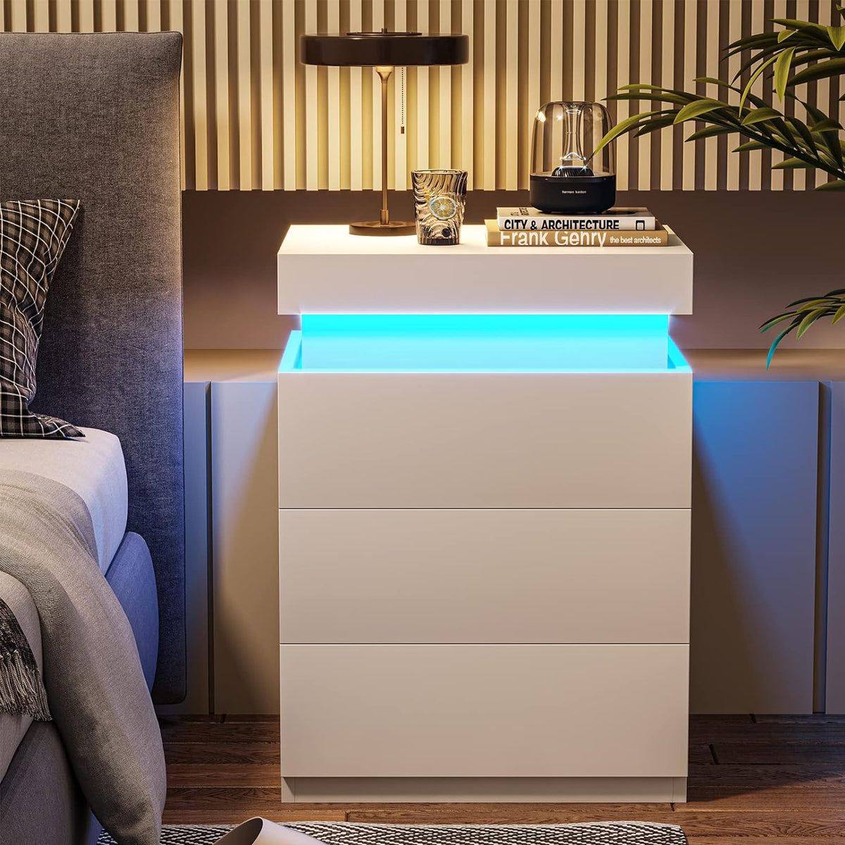 Table de chevet blanche à LED avec 3 tiroirs, tables de chevet modernes à LED multicolores pour chambre à coucher, salon