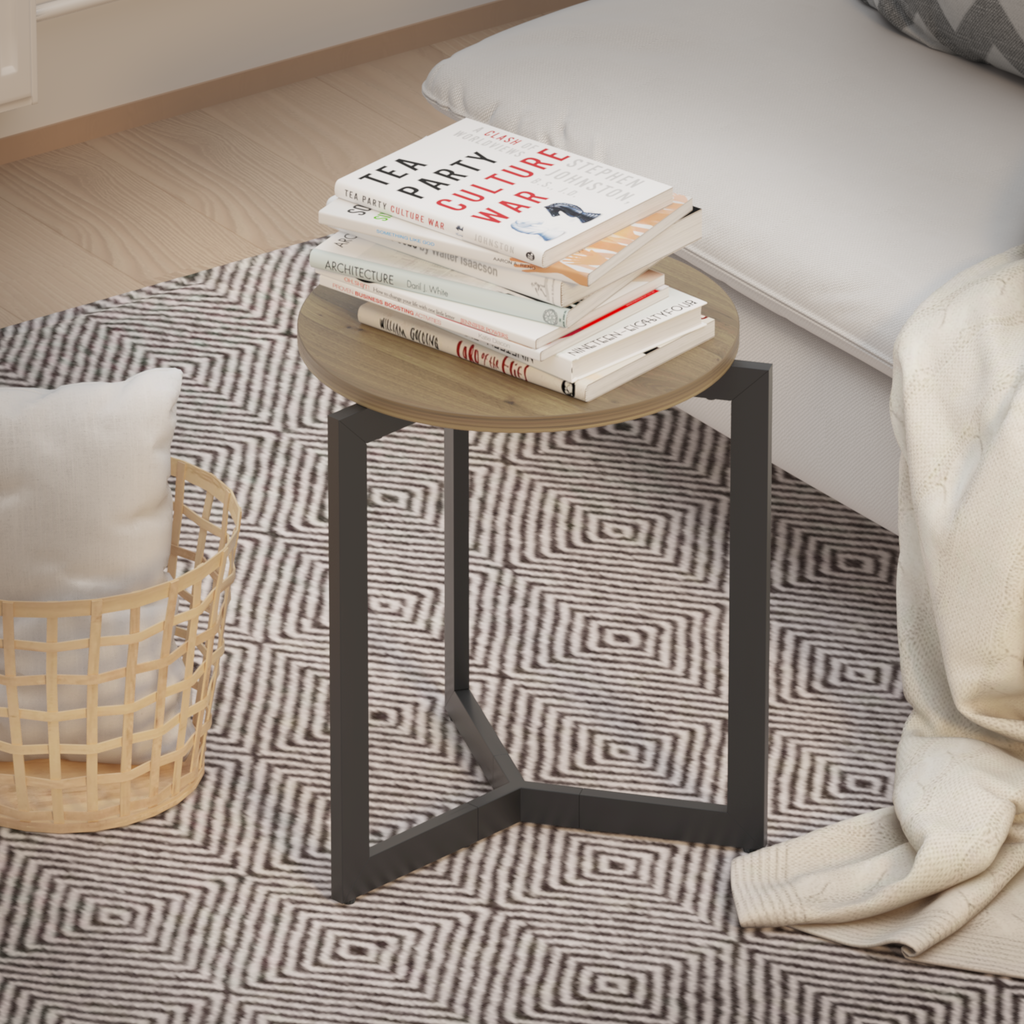 Round Side Table, Round Accent End Table with Sturdy Metal Frame, Round Nightstand, for Living Room, Brown