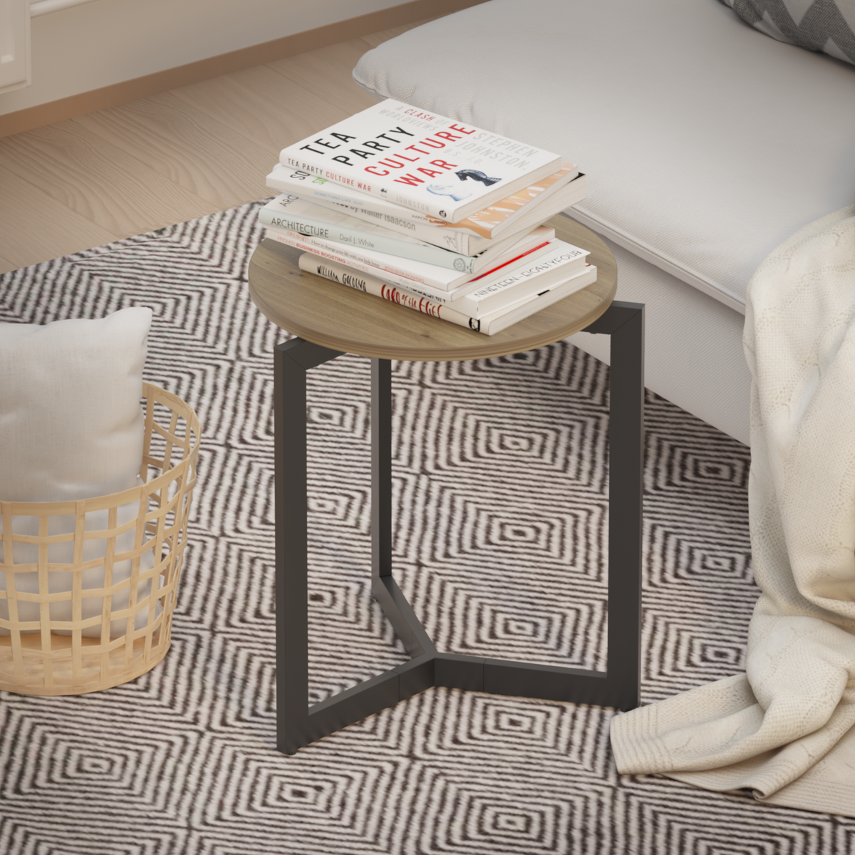 Round Side Table, Round Accent End Table with Sturdy Metal Frame, Round Nightstand, for Living Room, Brown