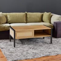 Modern rattan coffee table                                                                          , sliding door for storage, metal legs,