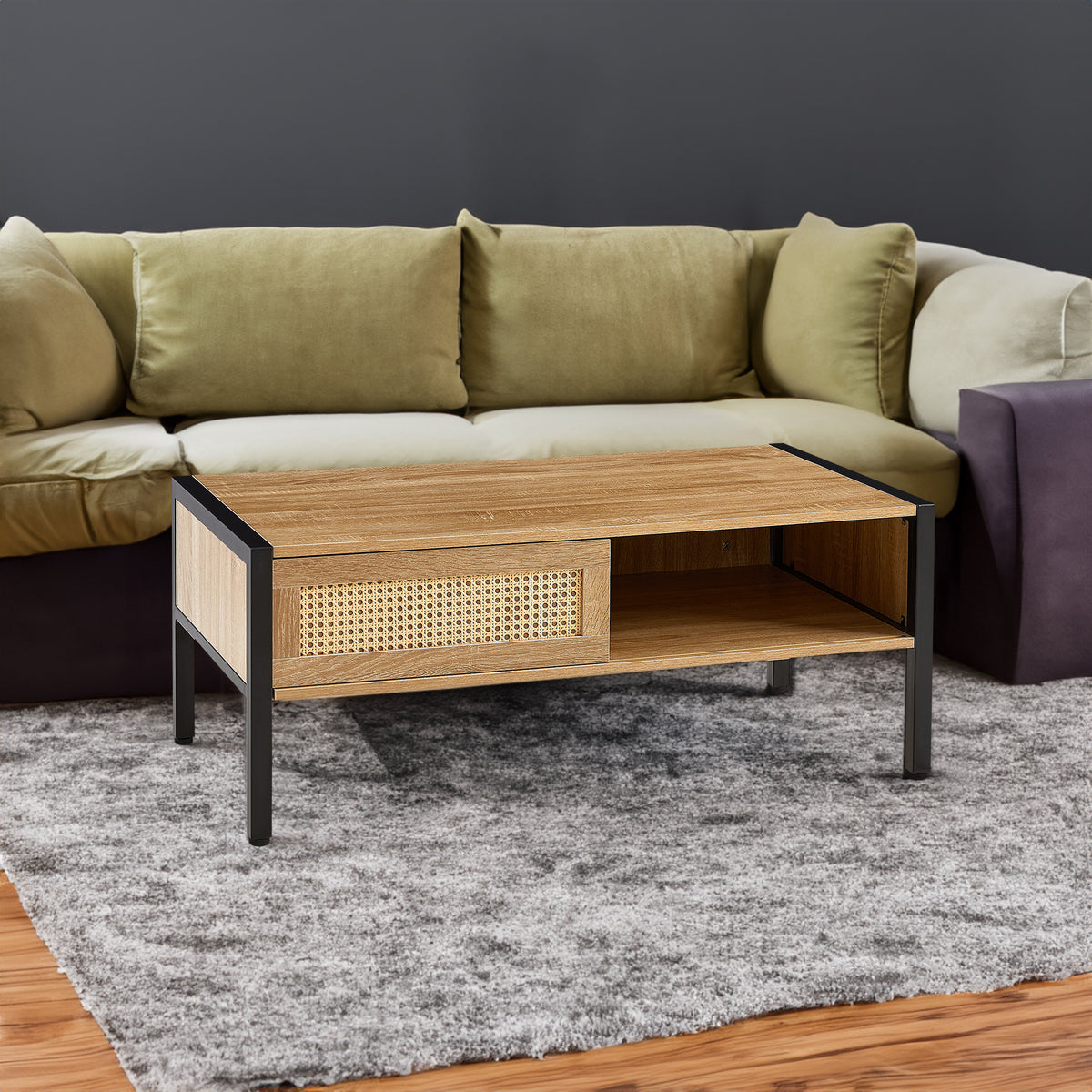 Modern rattan coffee table                                                                          , sliding door for storage, metal legs,