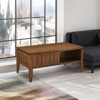 Coffee table vintage farmhouse wood                                         and modern medieval flute with sliding storage door and solid wooden legs