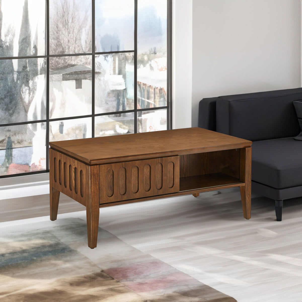Coffee table vintage farmhouse wood                                         and modern medieval flute with sliding storage door and solid wooden legs