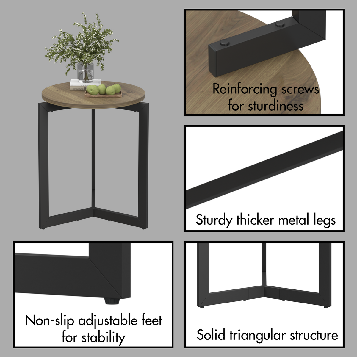 Round Side Table, Round Accent End Table with Sturdy Metal Frame, Round Nightstand, for Living Room, Brown