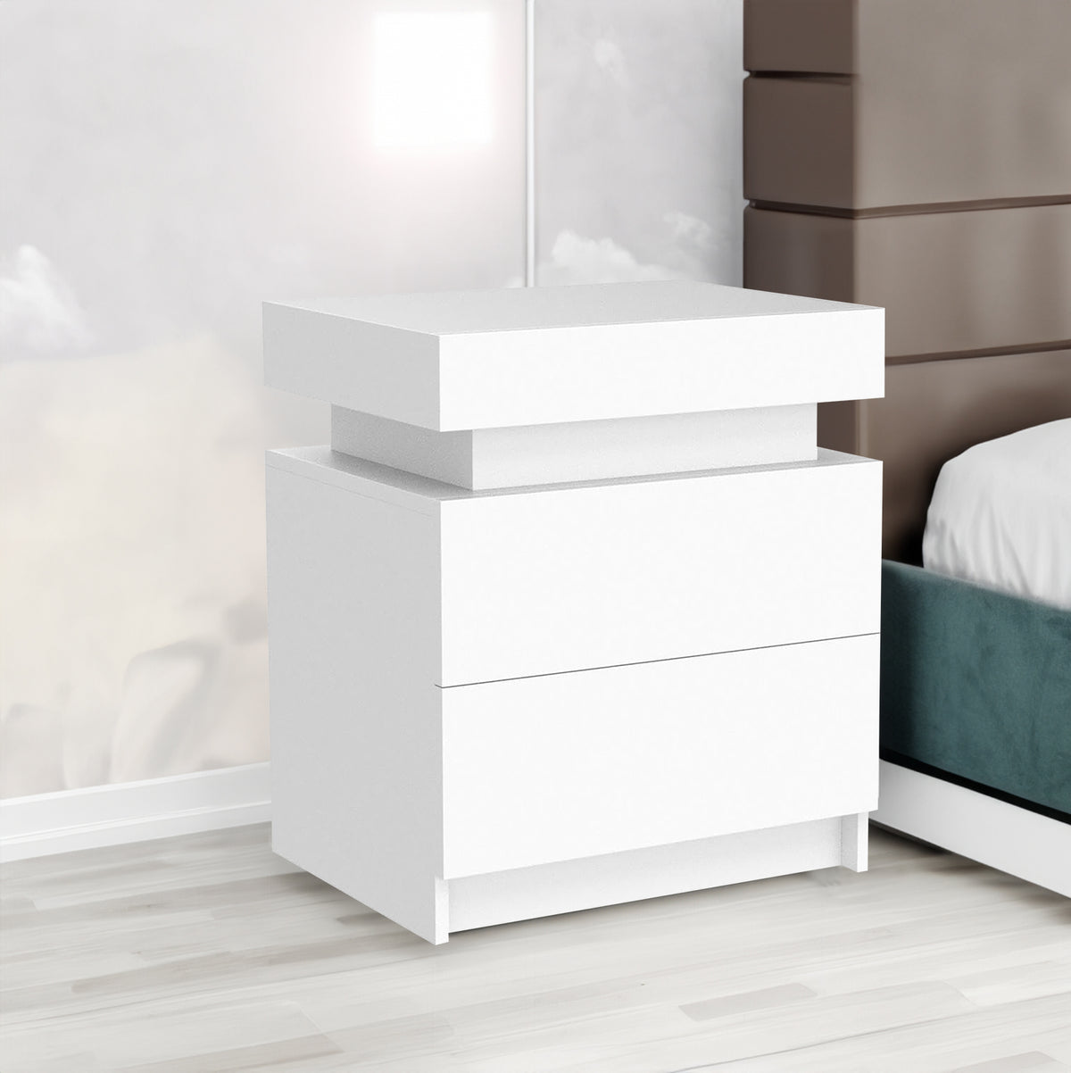 Table de chevet blanche moderne avec 2 tiroirs de rangement, lumières LED, table d'appoint pour meubles de chambre à coucher