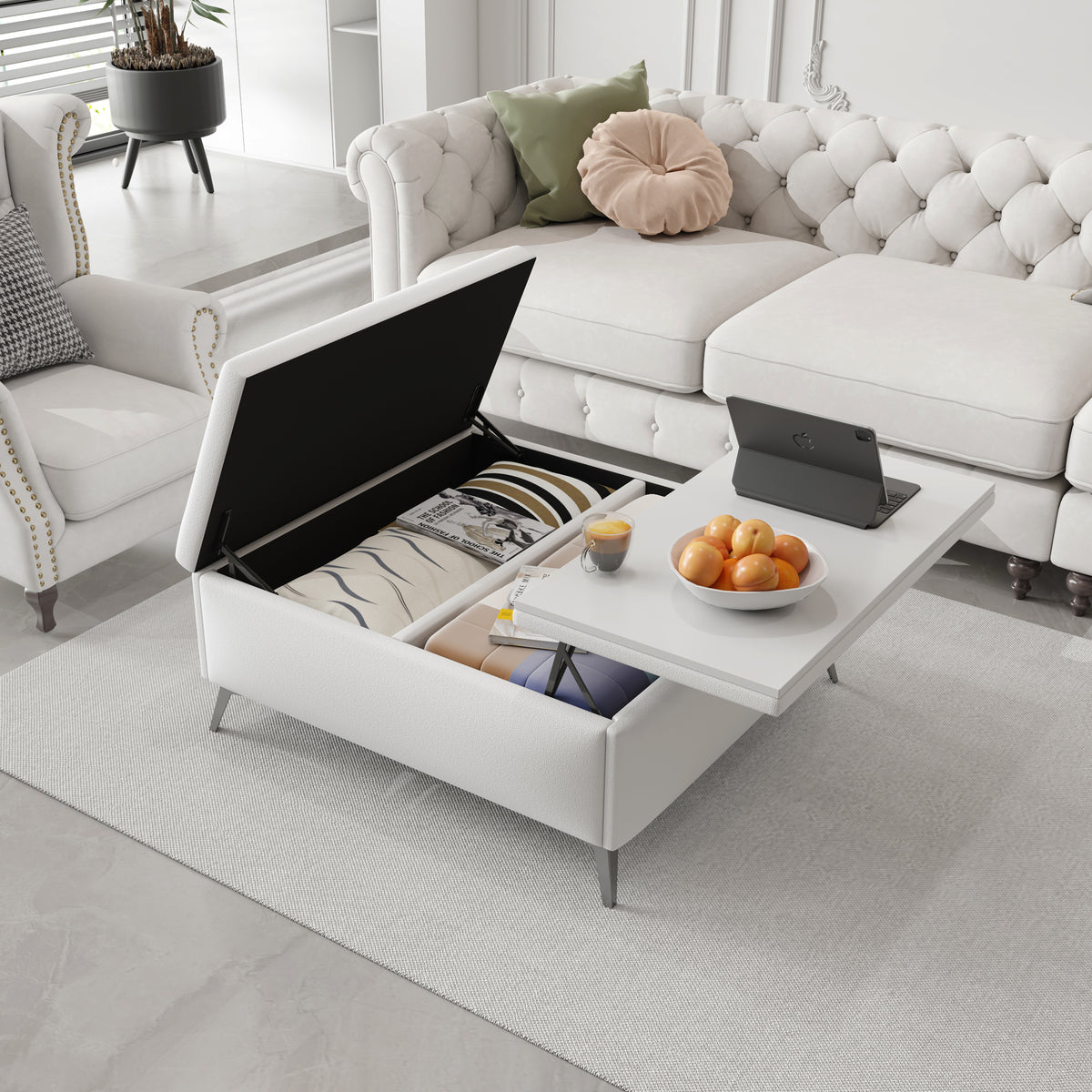 Coffee table with lifting top       , oversized padded storage ottoman for the living room