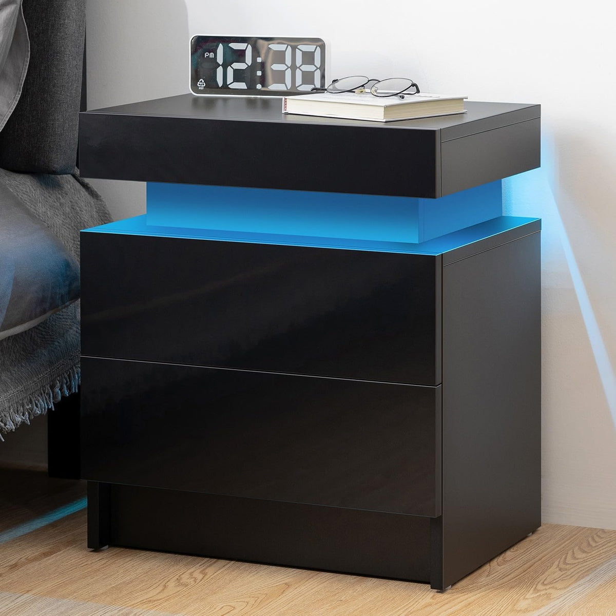 Table de chevet LED noire moderne avec lumières LED, table de chevet avec 2 tiroirs brillants pour chambre à coucher