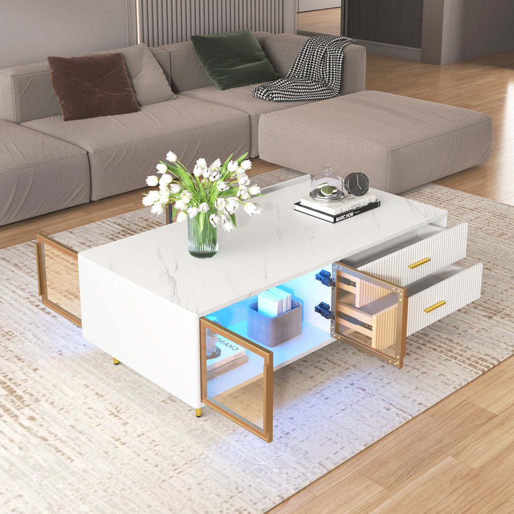 Modern White Coffee Table                  with 2 Glass Door Storage, 4 Drawers, Gold Metal Legs, and Multi-Color Lighting in 47.2'