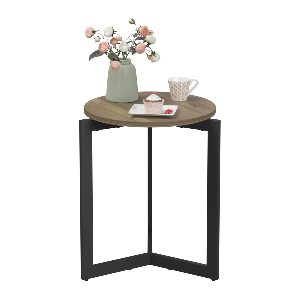 Round Side Table, Round Accent End Table with Sturdy Metal Frame, Round Nightstand, for Living Room, Brown