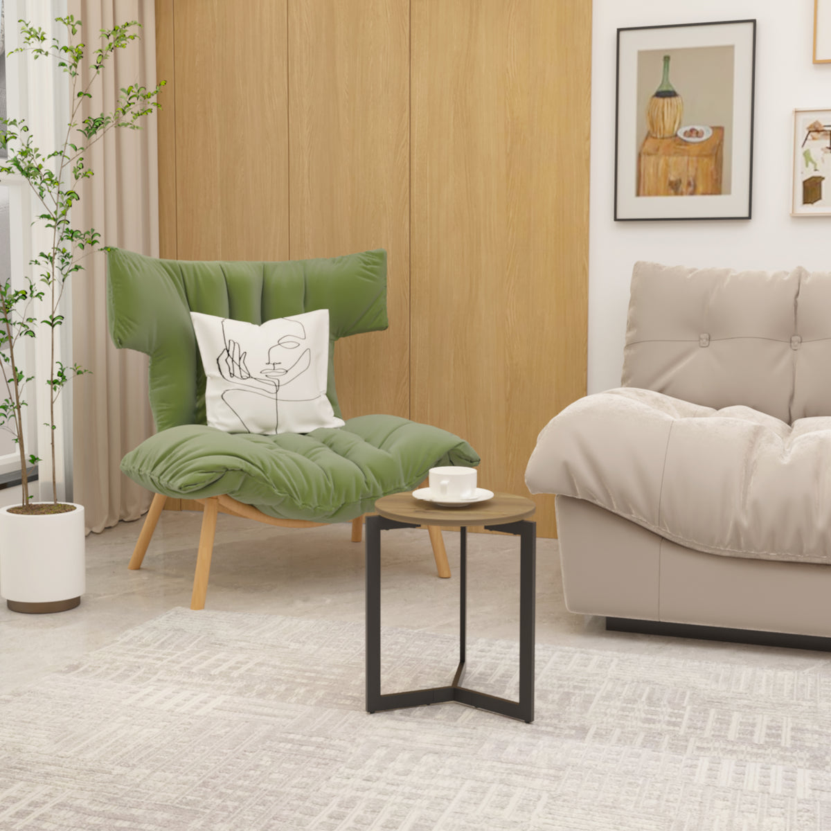 Round Side Table, Round Accent End Table with Sturdy Metal Frame, Round Nightstand, for Living Room, Brown