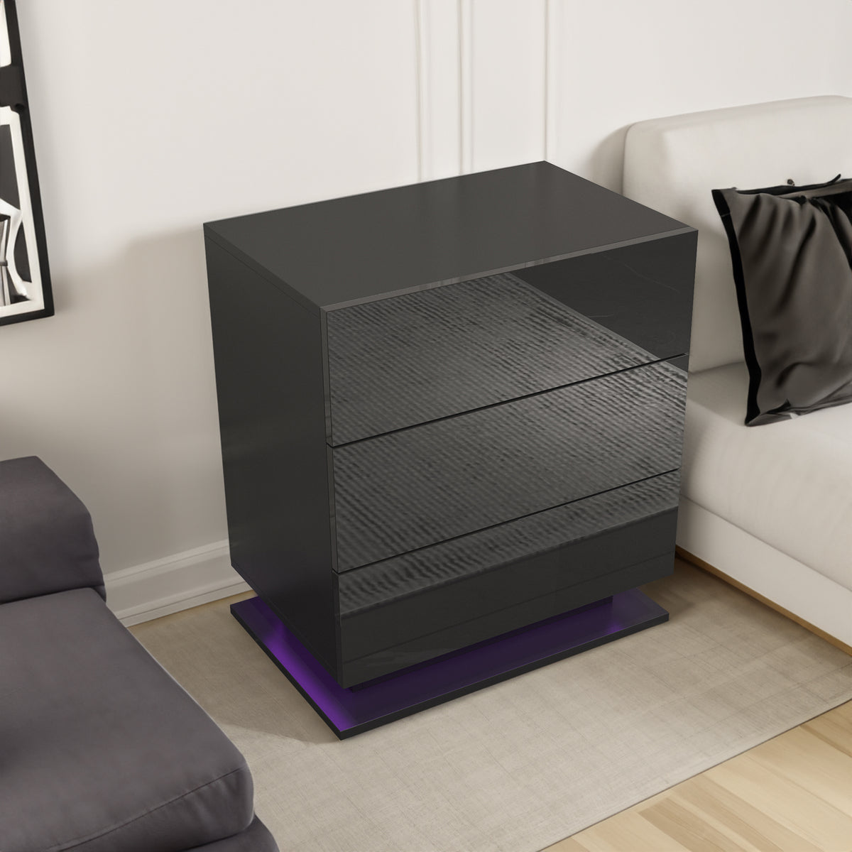 Table de chevet avec 3 tiroirs de rangement, lumières LED, table d'appoint pour meuble de chambre à coucher