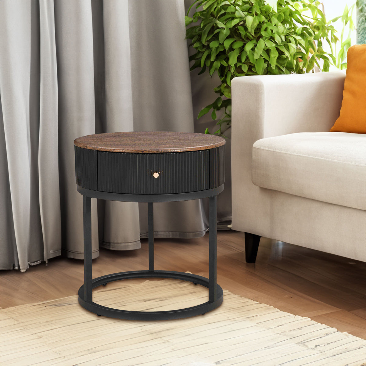 Table de chevet ronde avec tiroir, table d'appoint en bois de 50 cm avec rangement, petite table pour salon, chambre et petits espaces