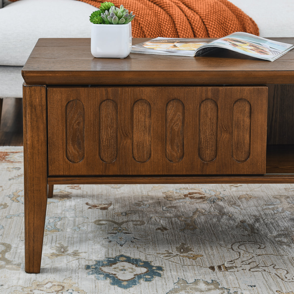 Coffee table vintage farmhouse wood                                         and modern medieval flute with sliding storage door and solid wooden legs