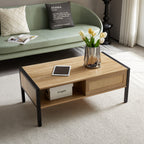 Modern rattan coffee table                                                                          , sliding door for storage, metal legs,