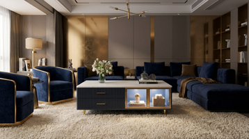 Modern Navy Blue Coffee Table          with 2 Glass Door Storage, 4 Drawers, Gold Metal Legs, and Multi-Color Lighting in 47.2''