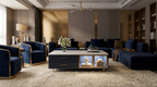 Modern Navy Blue Coffee Table          with 2 Glass Door Storage, 4 Drawers, Gold Metal Legs, and Multi-Color Lighting in 47.2''