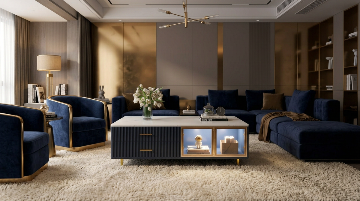 Modern Navy Blue Coffee Table          with 2 Glass Door Storage, 4 Drawers, Gold Metal Legs, and Multi-Color Lighting in 47.2''