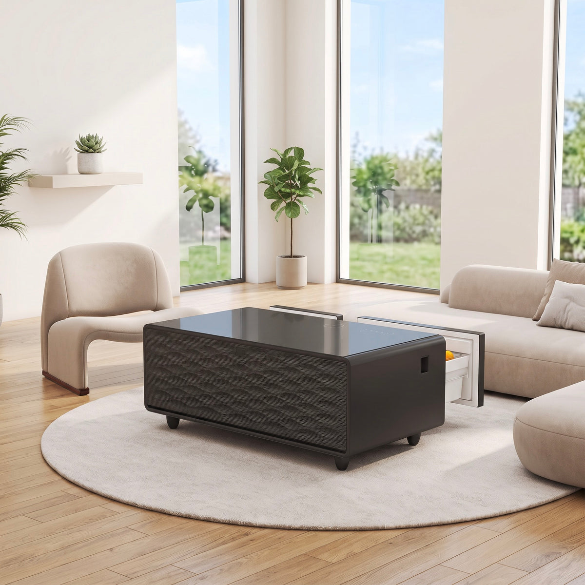 Smart Coffee Table                                                  with Built-in Fridge,Bluetooth Speaker,Wireless Charging,Touch Control Panel,USB Interface,Outlet Protection