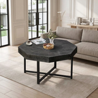 Table basse octogonale en bois noir
         de 76 cm avec plateau en patchwork artisanal et pieds en croix métalliques (noir antique)