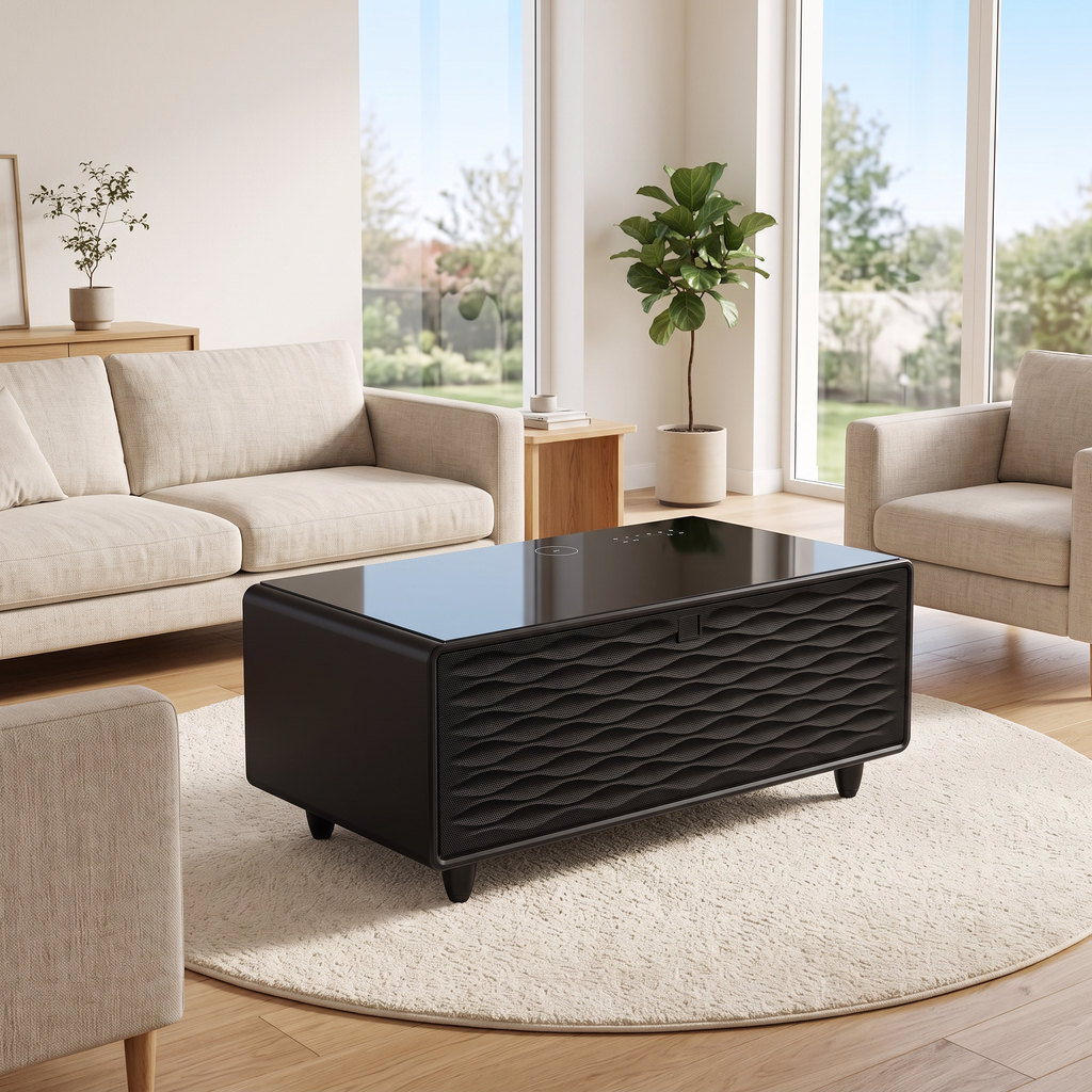 Smart Coffee Table                                                  with Built-in Fridge,Bluetooth Speaker,Wireless Charging,Touch Control Panel,USB Interface,Outlet Protection