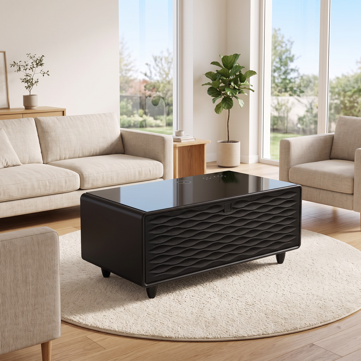 Smart Coffee Table                                                  with Built-in Fridge,Bluetooth Speaker,Wireless Charging,Touch Control Panel,USB Interface,Outlet Protection