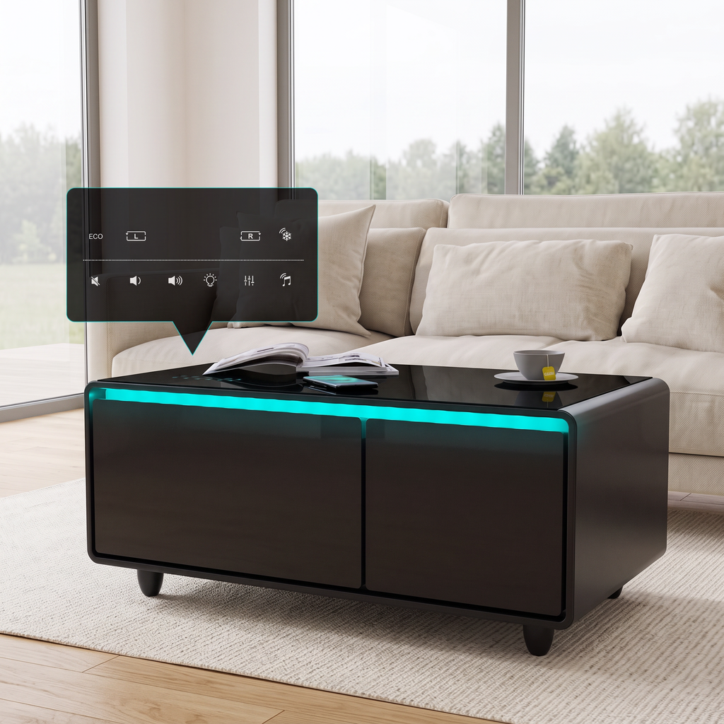 Smart Coffee Table                                                  with Built-in Fridge,Bluetooth Speaker,Wireless Charging,Touch Control Panel,USB Interface,Outlet Protection