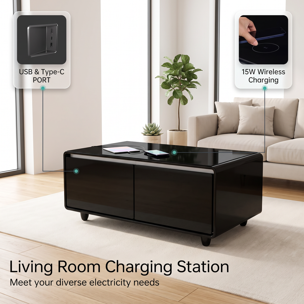 Smart Coffee Table                                                  with Built-in Fridge,Bluetooth Speaker,Wireless Charging,Touch Control Panel,USB Interface,Outlet Protection