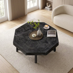 Table basse octogonale en bois noir
         de 76 cm avec plateau en patchwork artisanal et pieds en croix métalliques (noir antique)