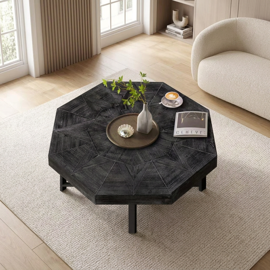 Black octagonal wooden coffee table                 Patchwork Craft Farmhouse 30 Inch