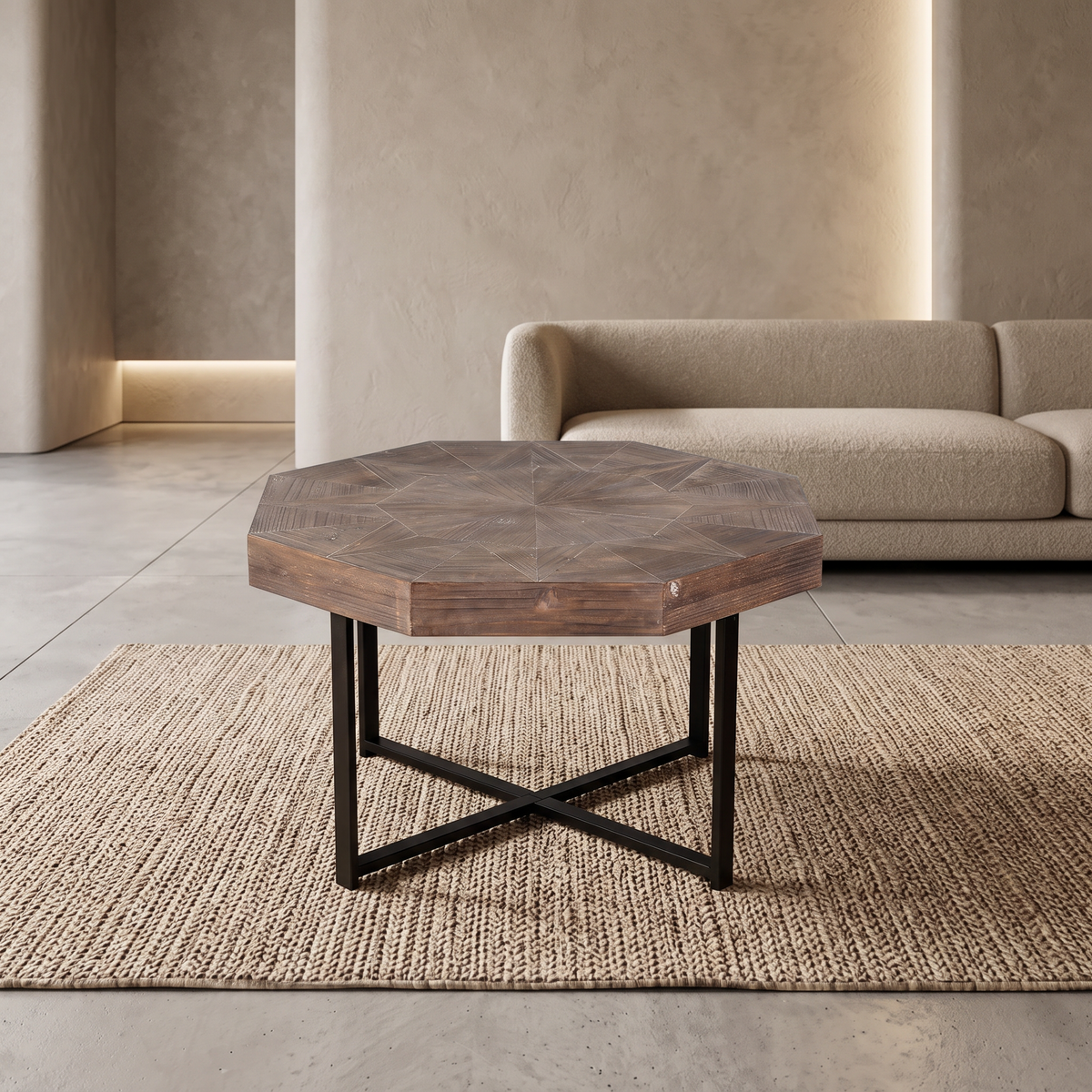 Brown octagonal wooden coffee table            with patchwork of country style 30 inches