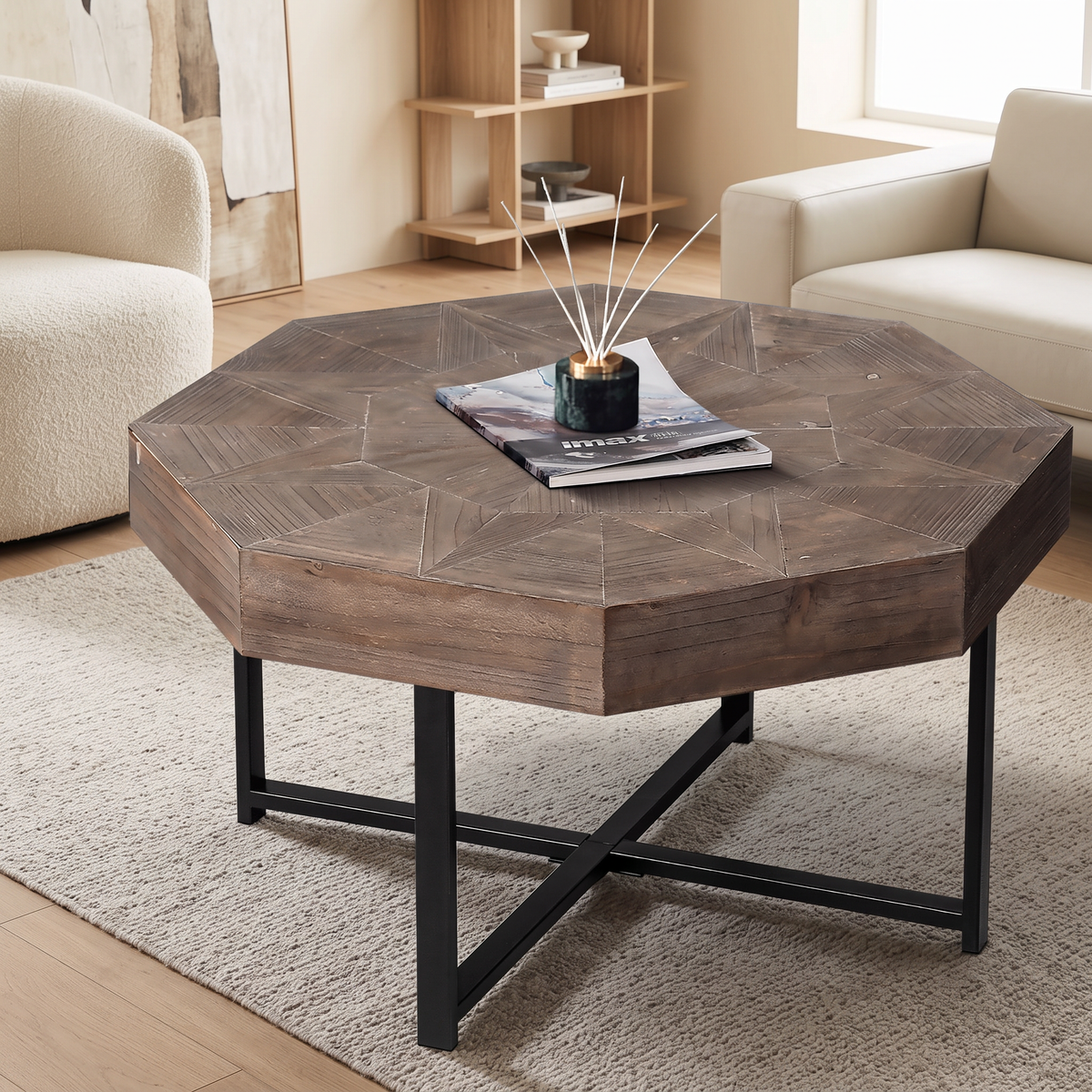 Brown octagonal wooden coffee table            with patchwork of country style 30 inches