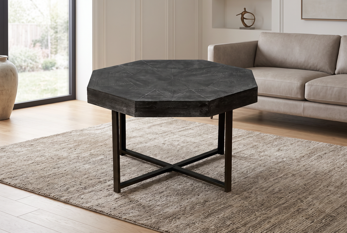 Black octagonal wooden coffee table                 Patchwork Craft Farmhouse 30 Inch